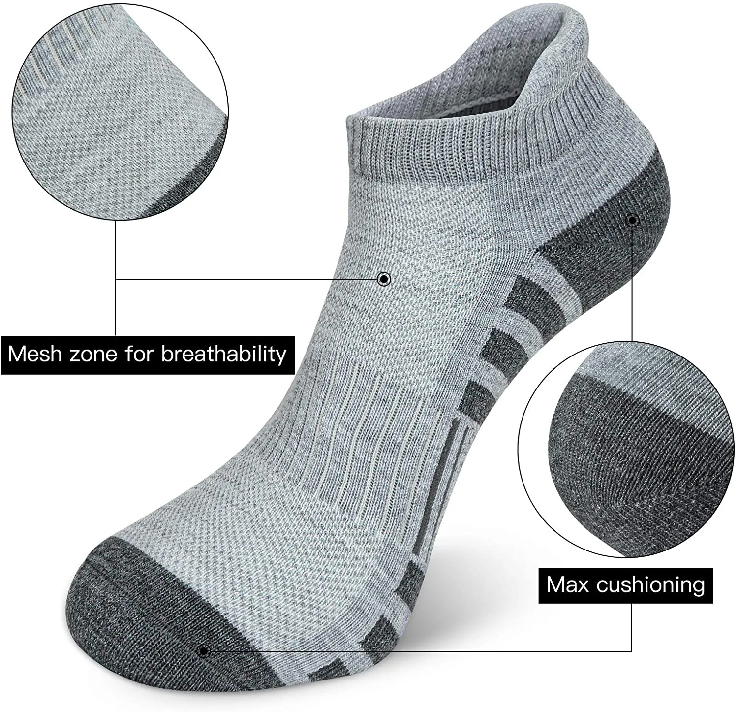 Airacker Ankle Athletic Running Socks Cushioned Breathable Low Cut Sports Tab Socks for Men and Women (6 Pairs)