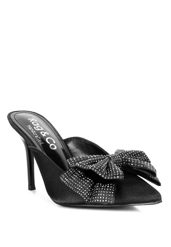 Black Diamante Bow Heeled Mules