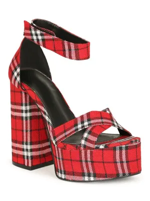 Black Red Womens Criss Cross Plaid Platform Heeled Sandals