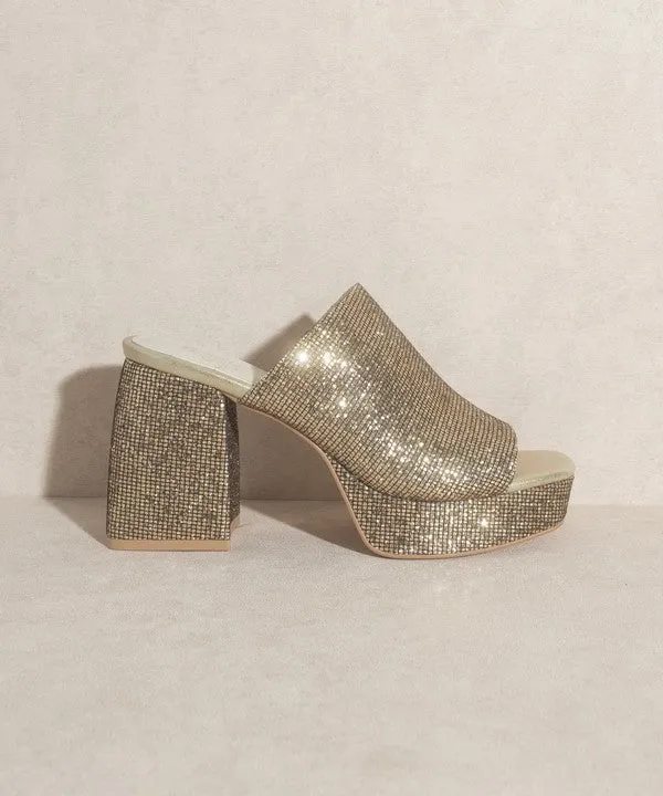 Gold Summer Rhinestone Shiny Chunky Heels