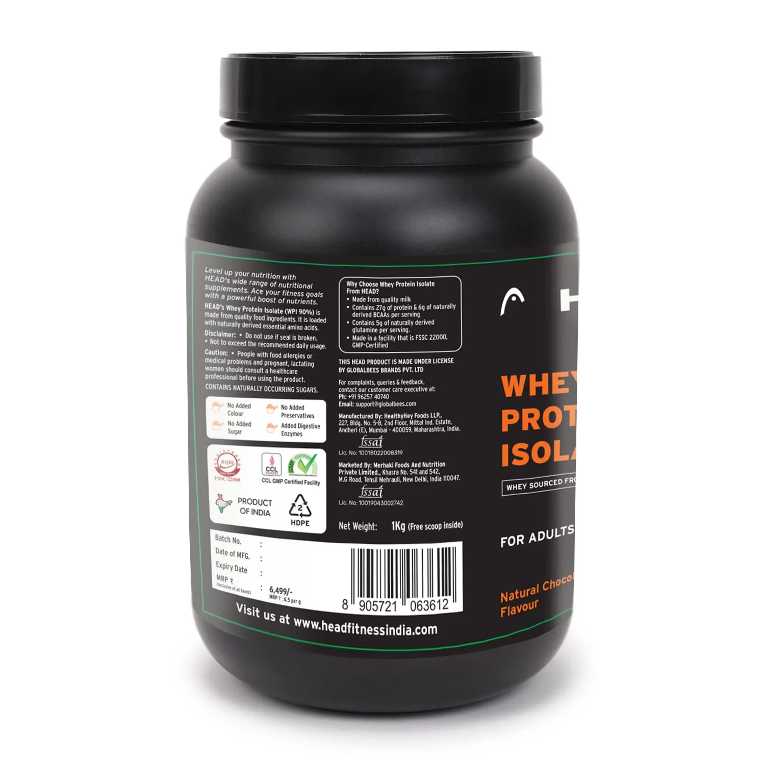 Head Premium 100% Whey Protein Powder Isolate, 1Kg, Natural Chocolate, 30 Servings, Sports & Fitness Enthusiast, Muscle Strength & Bone Health, Sugarfree - Primary Source - Whey Isolate (Sourced from Europe)