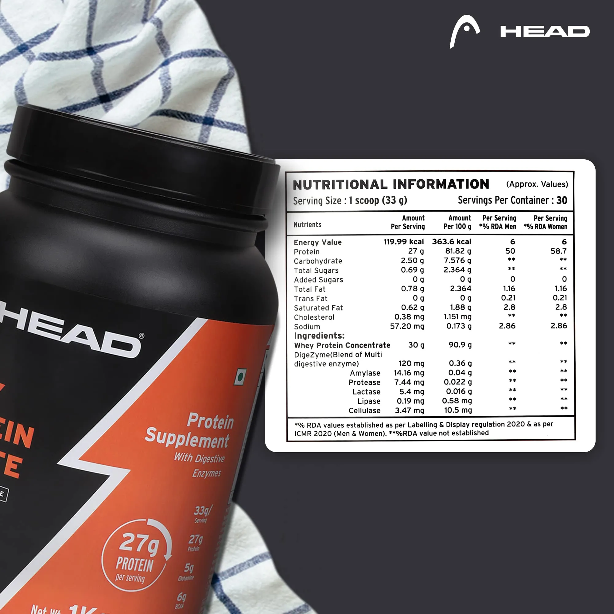 Head Premium 100% Whey Protein Powder Isolate, 1Kg, Natural Chocolate, 30 Servings, Sports & Fitness Enthusiast, Muscle Strength & Bone Health, Sugarfree - Primary Source - Whey Isolate (Sourced from Europe)