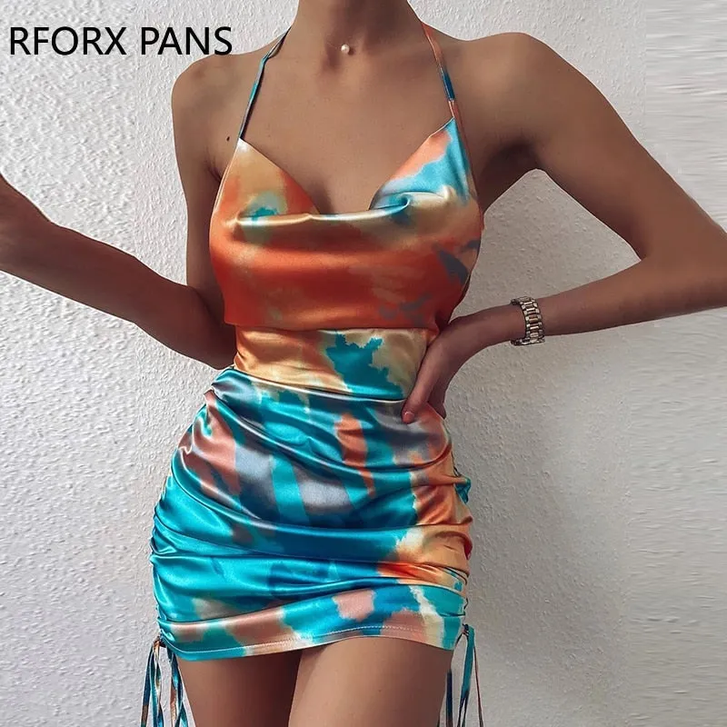 Joskaa hoco dresses Back to College Women  Print Satin Spaghetti Strap Drawstring Dress Casual Dress  Elegant Fashion Chic Dress