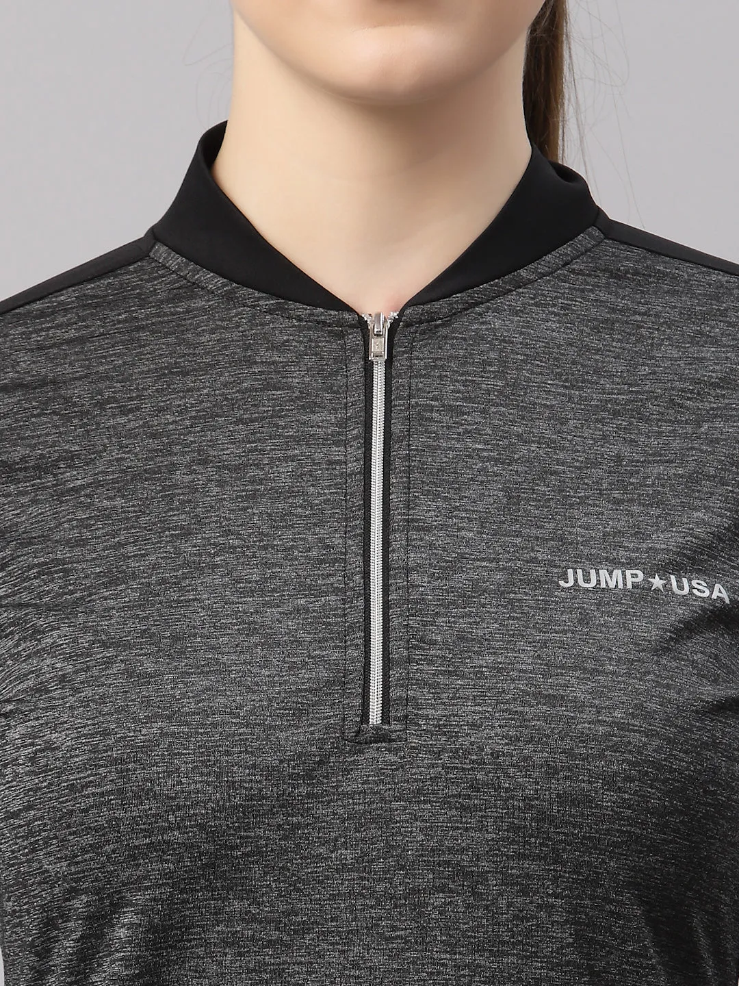 JUMP USA Lifestyle Women Dark Anthra & Black Polyster Stand Collor T-Shirt