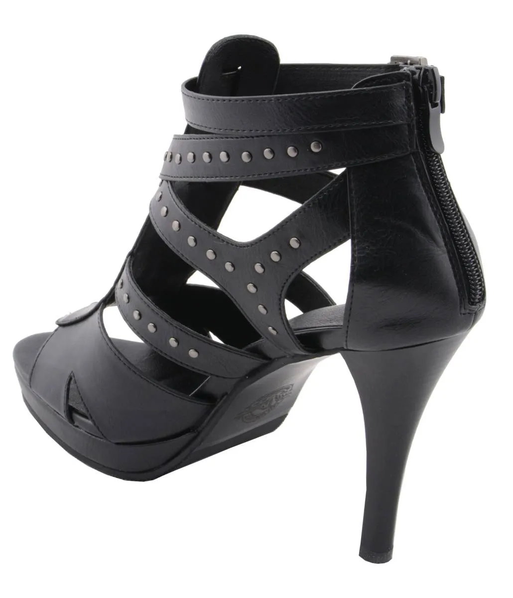 Milwaukee Leather MBL9452 Women's Black Stiletto Heeled Fashion Casual Sandals w/ Studded Ankle Straps