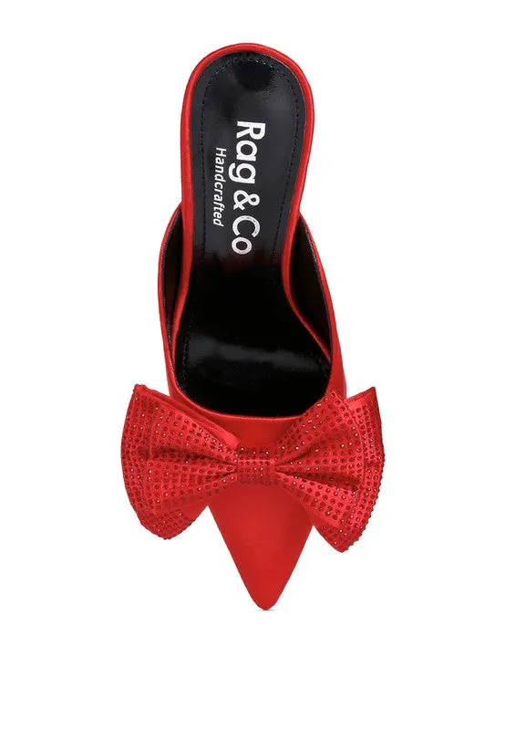 Red Diamante Bow Heeled Mules