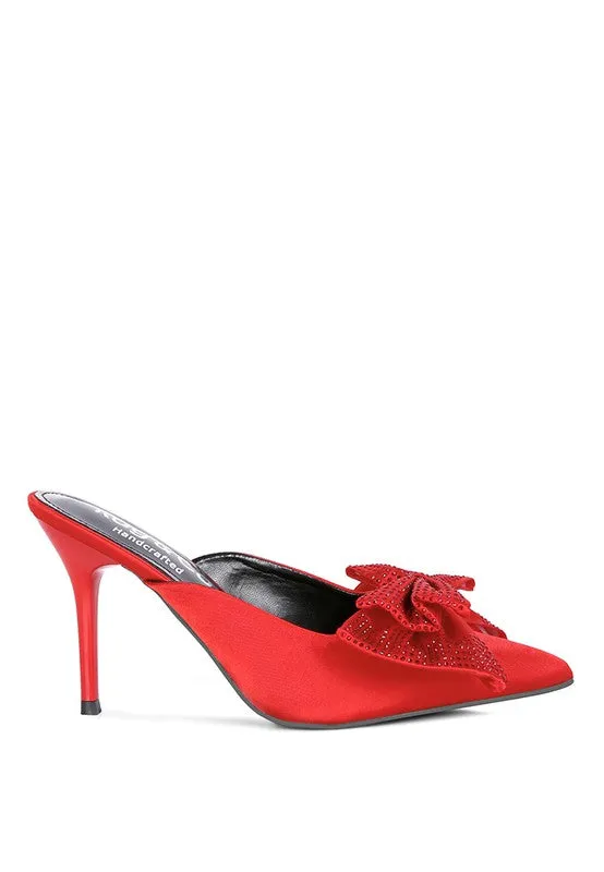 Red Diamante Bow Heeled Mules