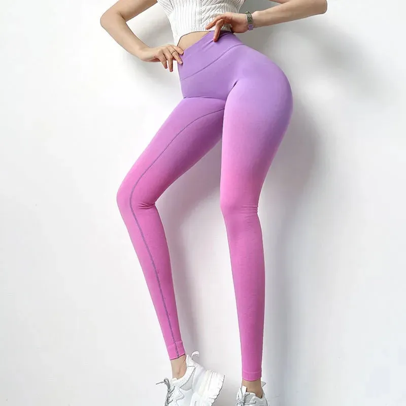 Sexy Gradient Yoga Pants Push Up Sport Fitness Jogging Pants Women High Waist Workout Honey Peach Hip Lifting Elastic Leggings