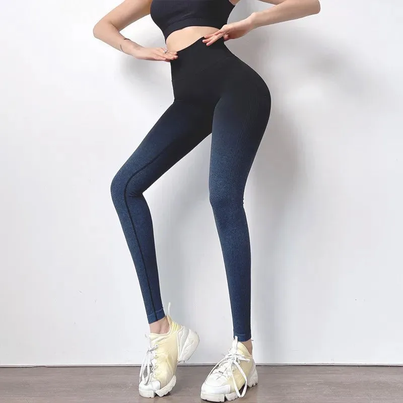 Sexy Gradient Yoga Pants Push Up Sport Fitness Jogging Pants Women High Waist Workout Honey Peach Hip Lifting Elastic Leggings