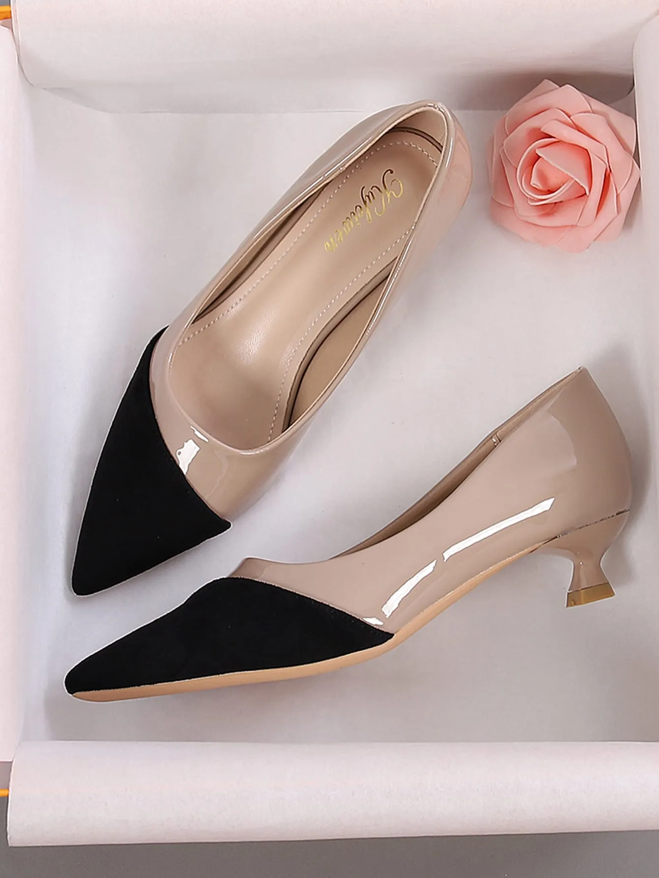 SHEIN Two Tone Point Toe Heeled Court Pumps, Multicolor Elegant Color Blocking Women's High Heel Single Shoes