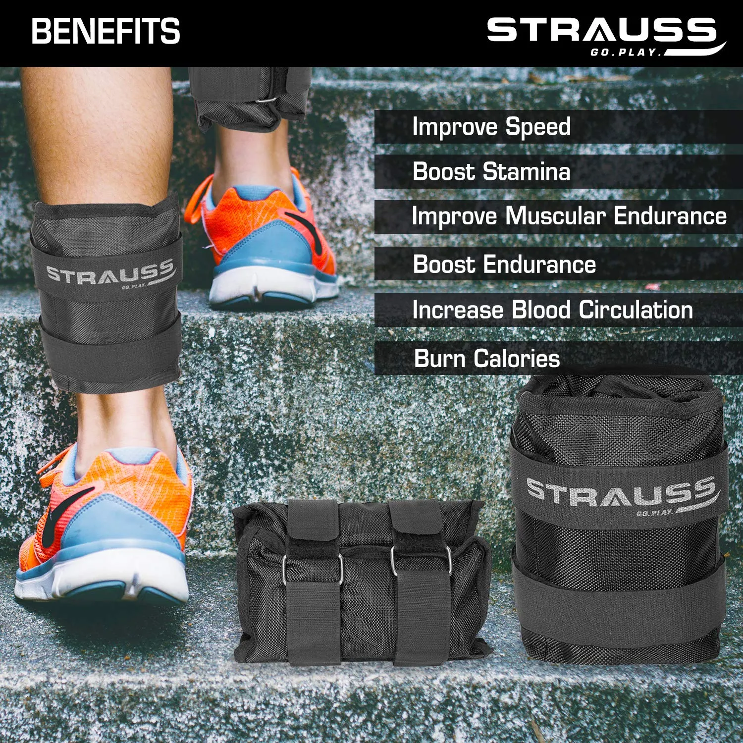 Strauss Adjustable Ankle/Wrist Weights 2 KG X 2 | Ideal for Walking, Running, Jogging, Cycling, Gym, Workout & Strength Training | Easy to Use on Ankle, Wrist, Leg, (Black)