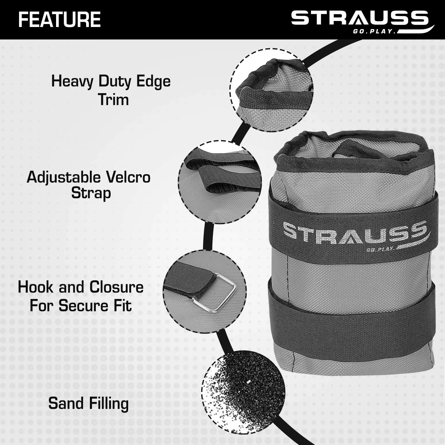 Strauss Adjustable Ankle/Wrist Weights 2.5 KG X 2 | Ideal for Walking, Running, Jogging, Cycling, Gym, Workout & Strength Training | Easy to Use on Ankle, Wrist, Leg, (Grey)