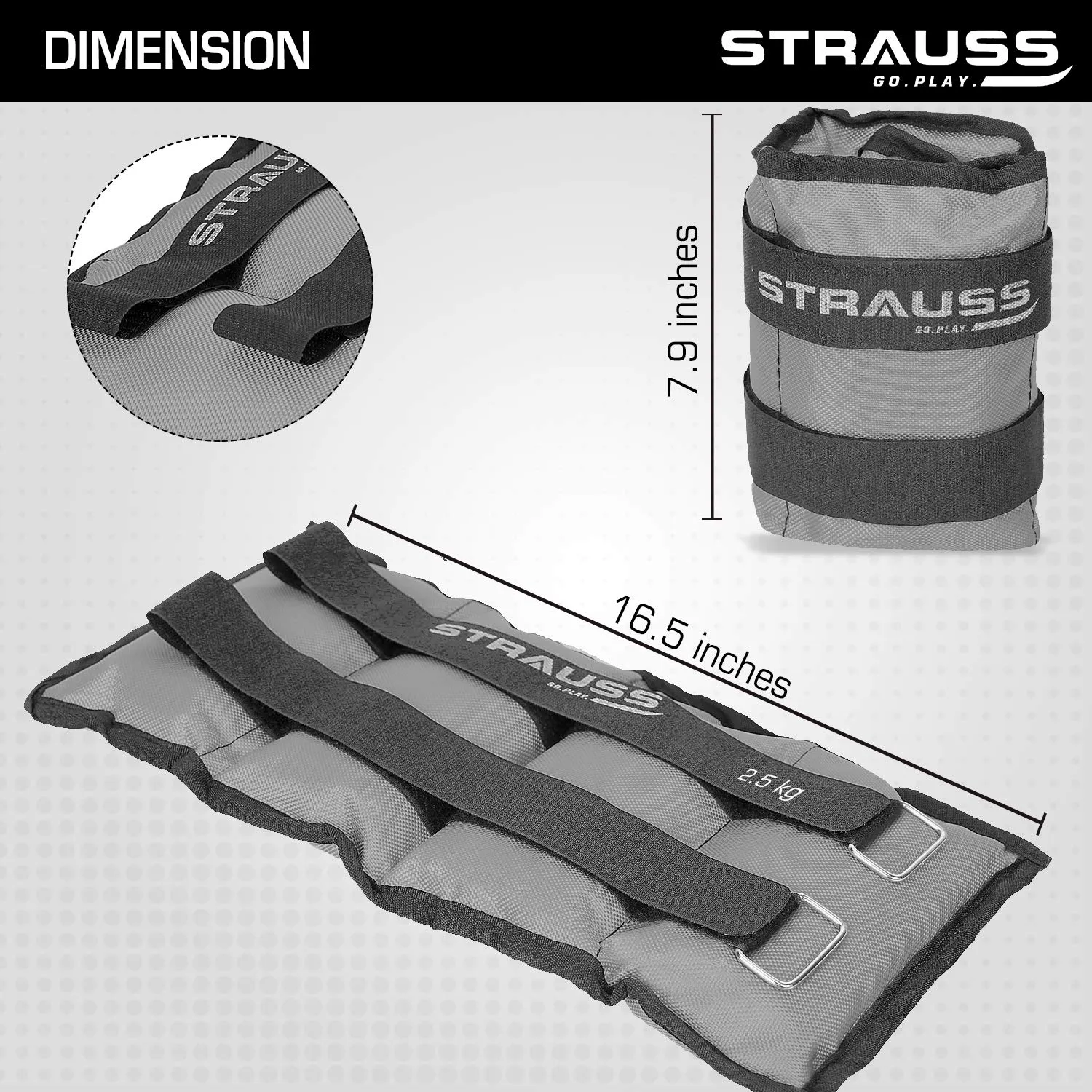 Strauss Adjustable Ankle/Wrist Weights 2.5 KG X 2 | Ideal for Walking, Running, Jogging, Cycling, Gym, Workout & Strength Training | Easy to Use on Ankle, Wrist, Leg, (Grey)