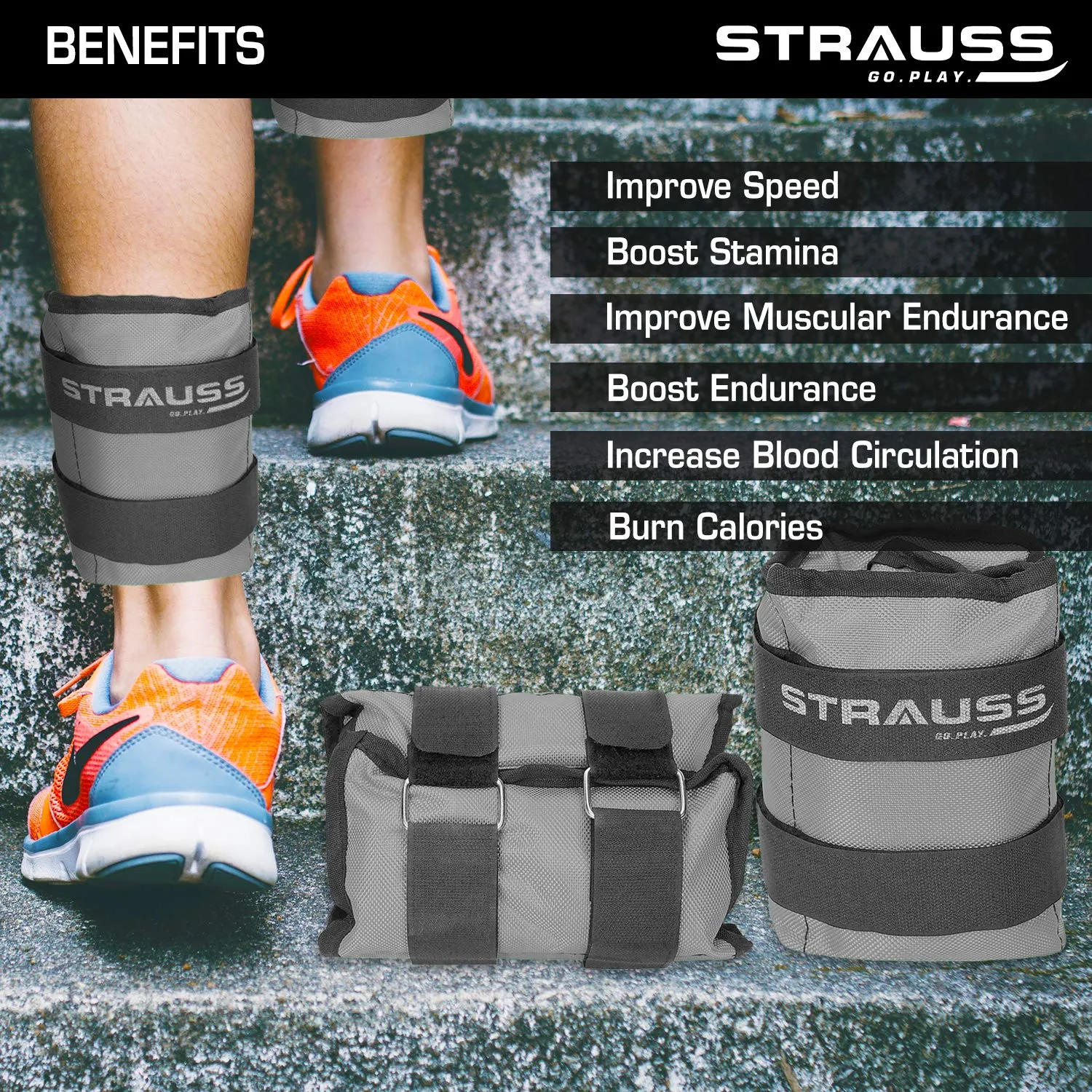 Strauss Adjustable Ankle/Wrist Weights 2.5 KG X 2 | Ideal for Walking, Running, Jogging, Cycling, Gym, Workout & Strength Training | Easy to Use on Ankle, Wrist, Leg, (Grey)