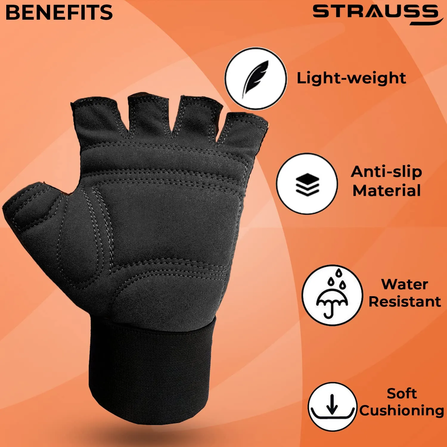 STRAUSS Suede Gym Gloves for Weightlifting, Training, Cycling, Exercise & Gym | Half Finger Design, 8mm Foam Cushioning, Anti-Slip & Breathable Lycra Material, (Black), (Extra Large)