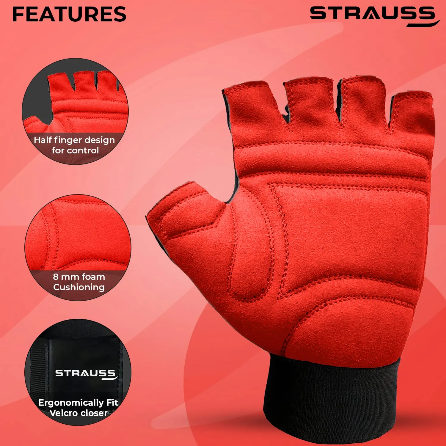 Strauss Suede Gym Gloves for Weightlifting, Training, Cycling, Exercise & Gym | Half Finger Design, 8mm Foam Cushioning, Anti-Slip & Breathable Lycra Material, (Red/Black), (Large)