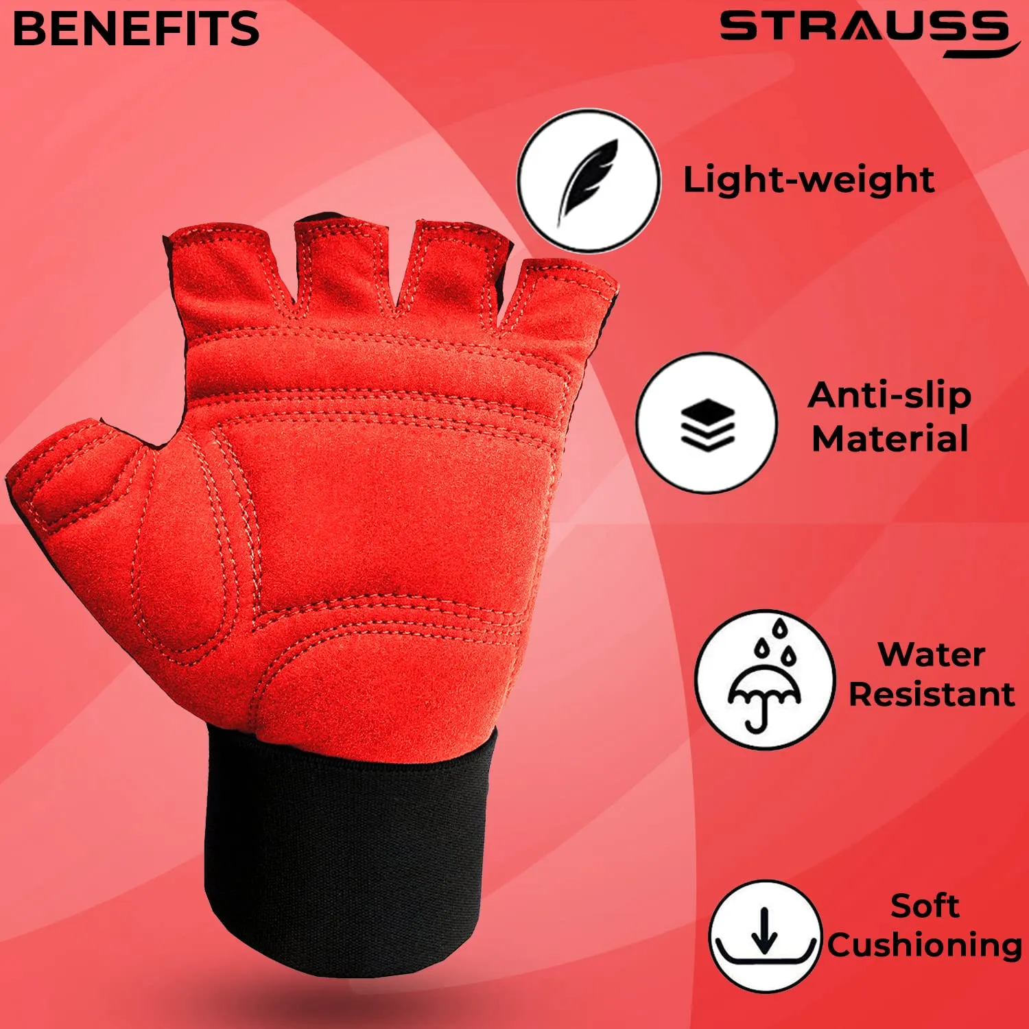 Strauss Suede Gym Gloves for Weightlifting, Training, Cycling, Exercise & Gym | Half Finger Design, 8mm Foam Cushioning, Anti-Slip & Breathable Lycra Material, (Red/Black), (Large)