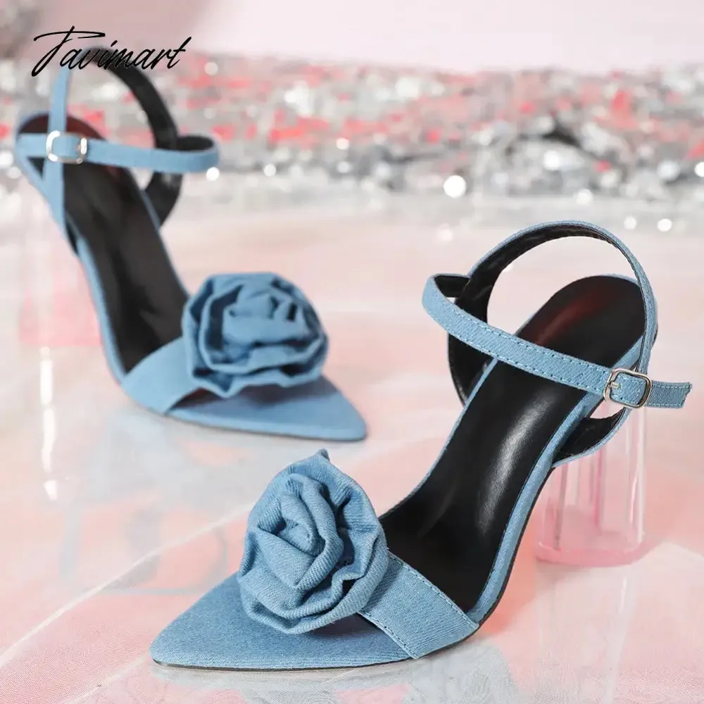 Tavimart Ransparent Heart Heel High Heeled Sandals Pointed Toe Flower Decoration Metal Buckle Women Pumps Wedding Party Shoes