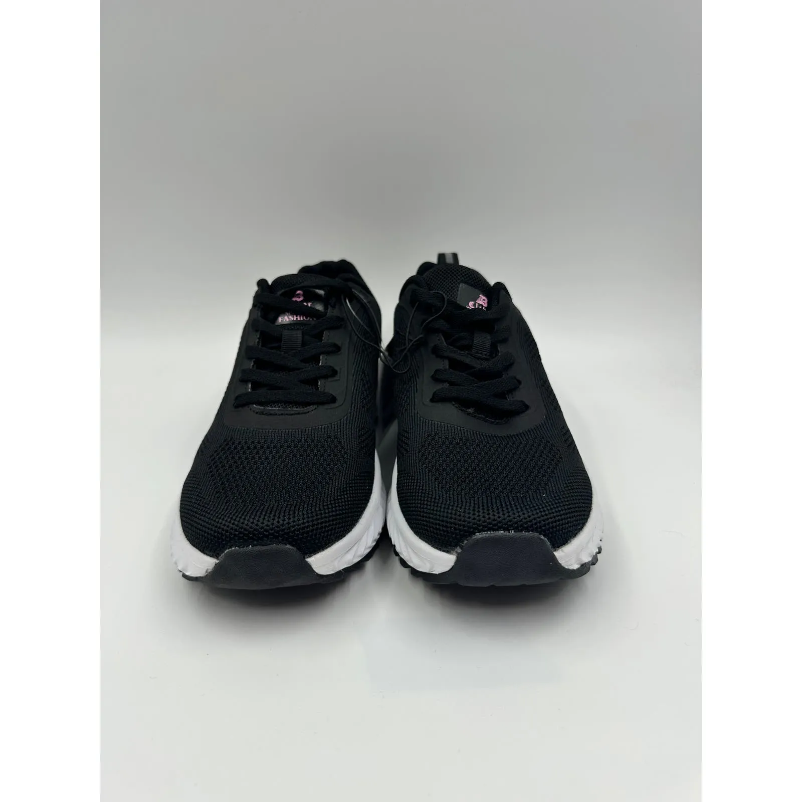 Women's Size 7, Black Knit Running Sneakers with Pink Accents and White Soles