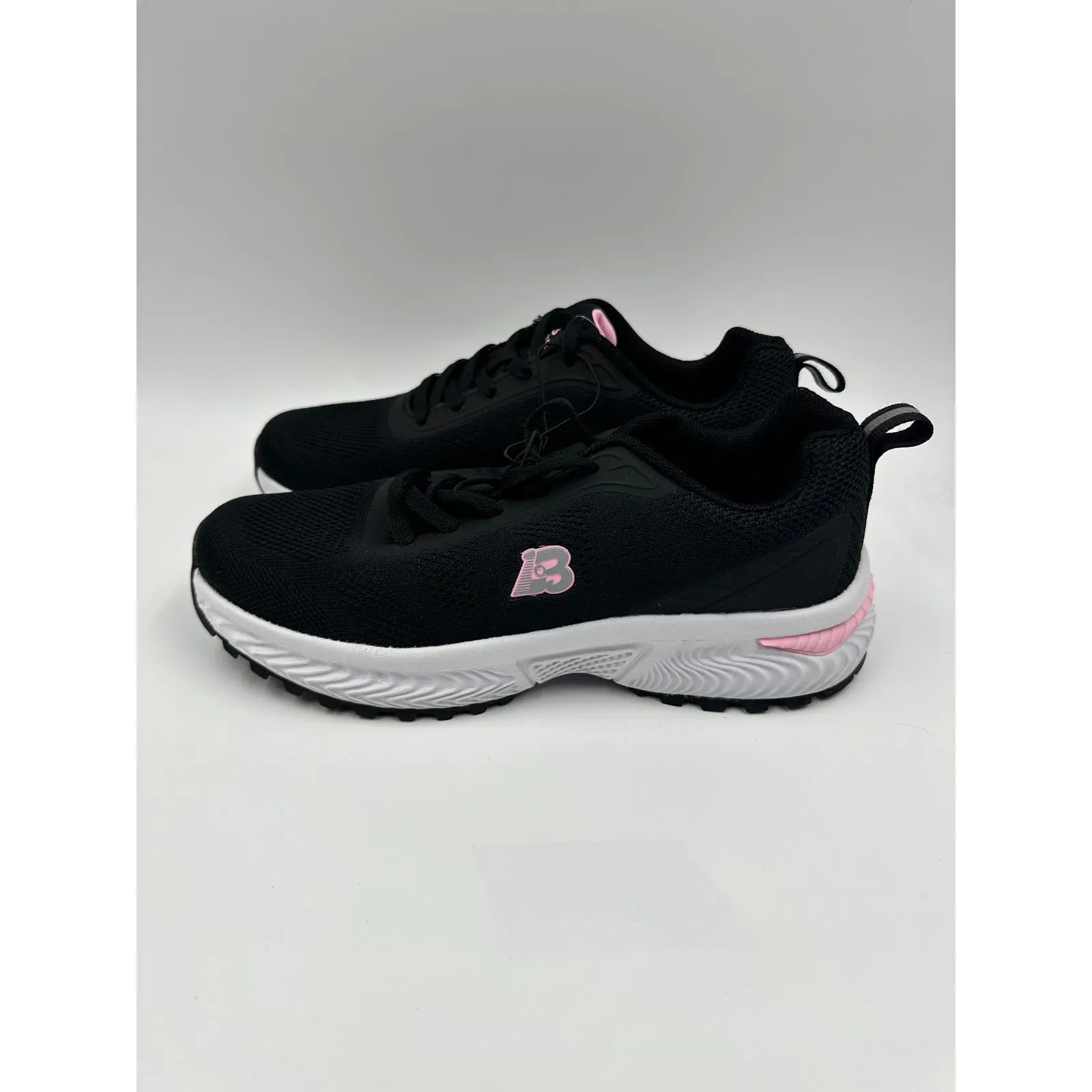 Women's Size 7, Black Knit Running Sneakers with Pink Accents and White Soles