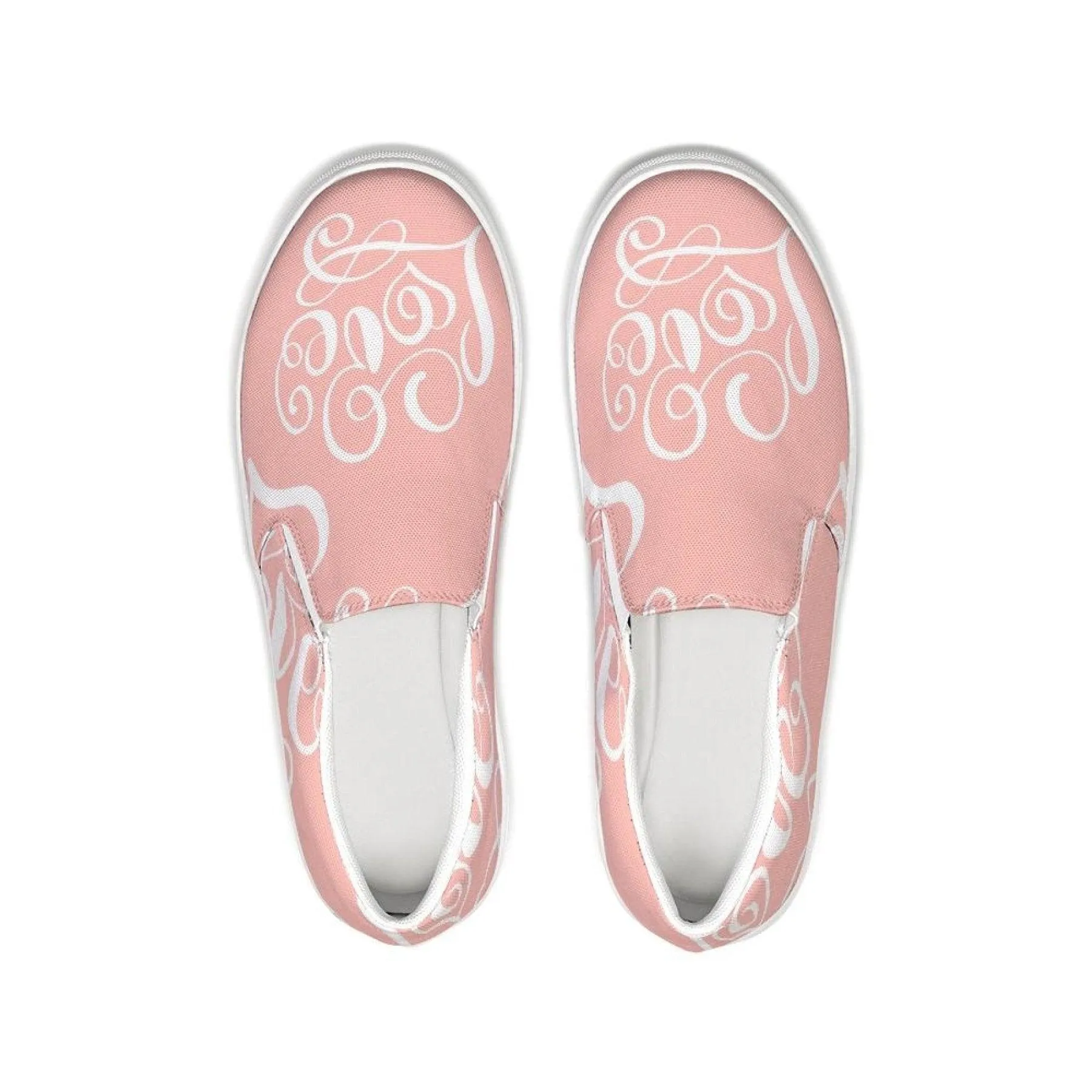 Womens Sneakers - Pink & White Love Print Low Top Slip-on Canvas Shoes